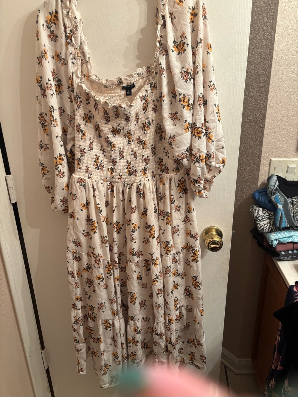 Smocked Floral Midi Dress in Cream  Print